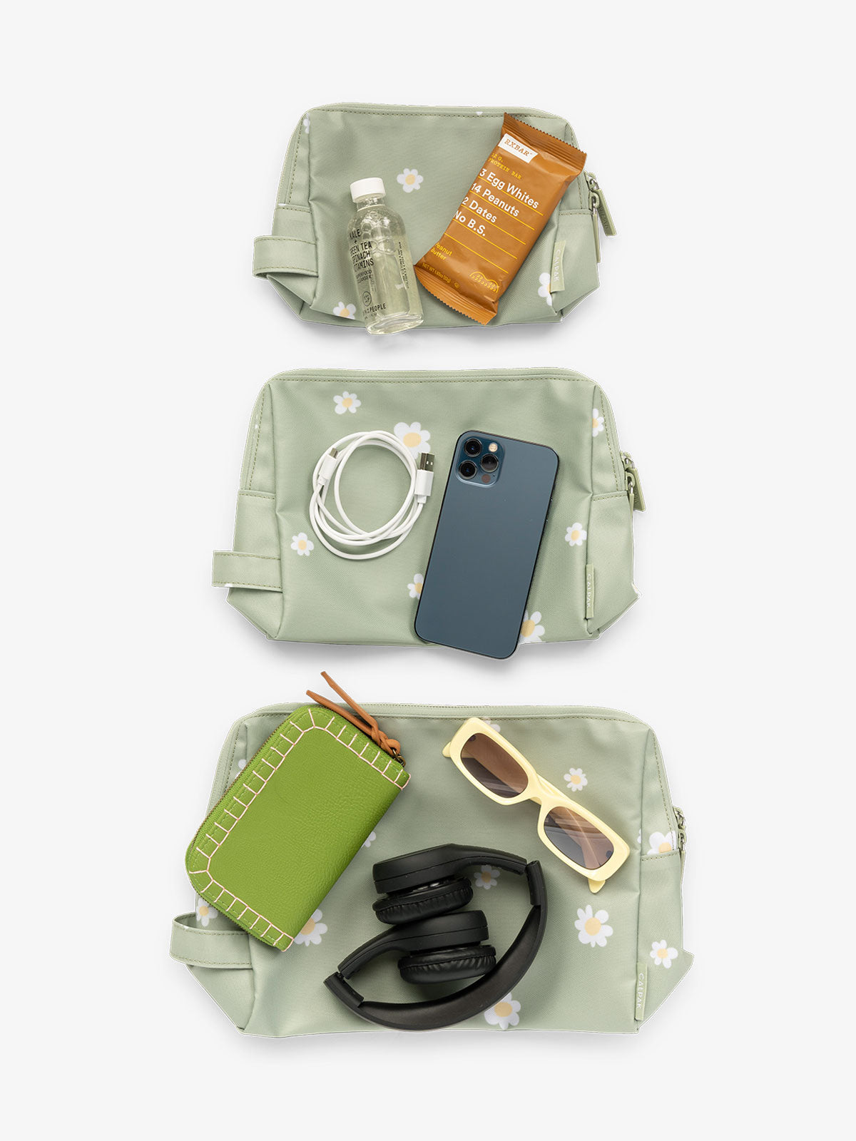 CALPAK waterproof zippered pouch set in size small, medium, and large in daisy; PCZP2401-DAISY