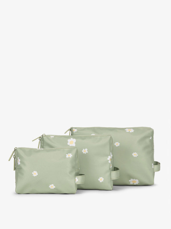 CALPAK Water Resistant Zippered Pouch Set of three in green daisy print