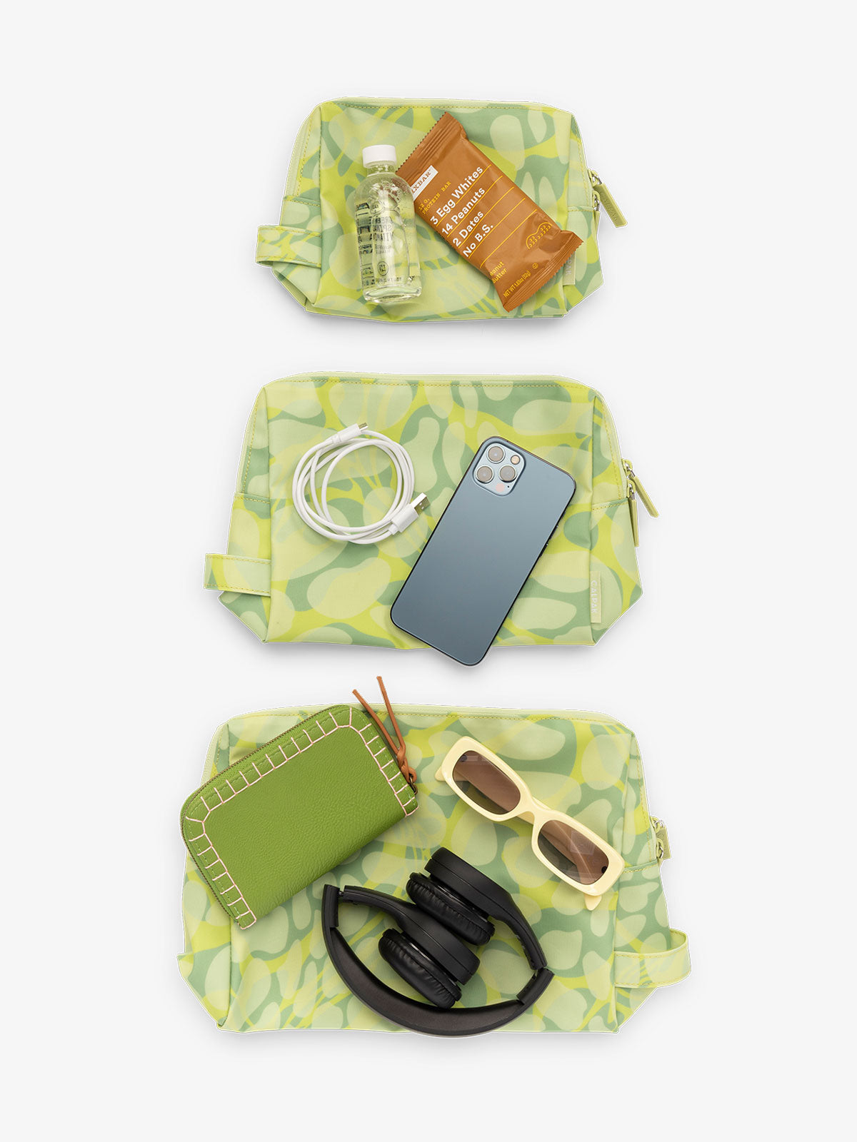 CALPAK waterproof zippered pouch set in size small, medium, and large in lime viper; PCZP2401-LIME-VIPER