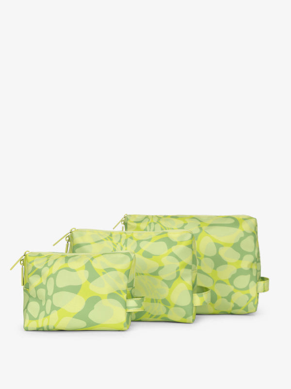 CALPAK Water Resistant Zippered Pouch Set of three in green lime viper print