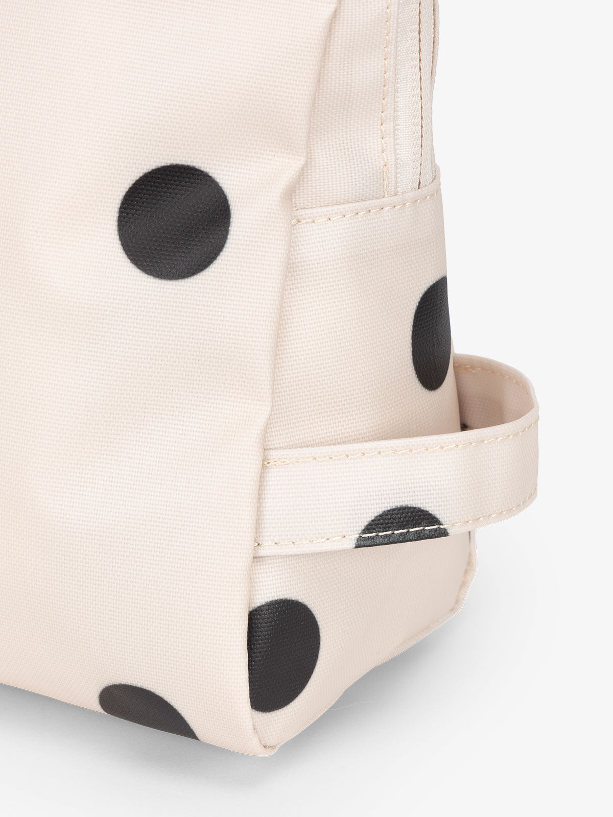 CALPAK Water Resistant Zippered Pouch Set with side loop handle in black and white polka dot print; PCZP2401-POLKA-DOT