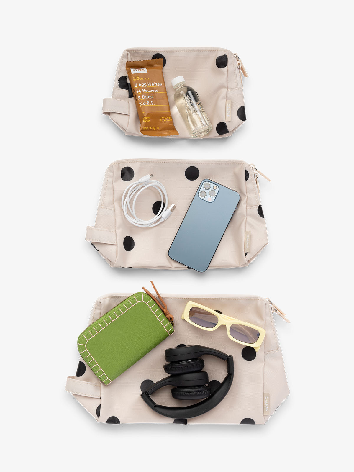 CALPAK waterproof zippered pouch set in size small, medium, and large in polka dot; PCZP2401-POLKA-DOT