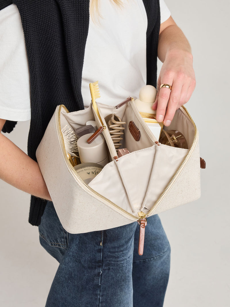 Colette Lay-Flat Canvas Toiletry Bag in Natural Brown