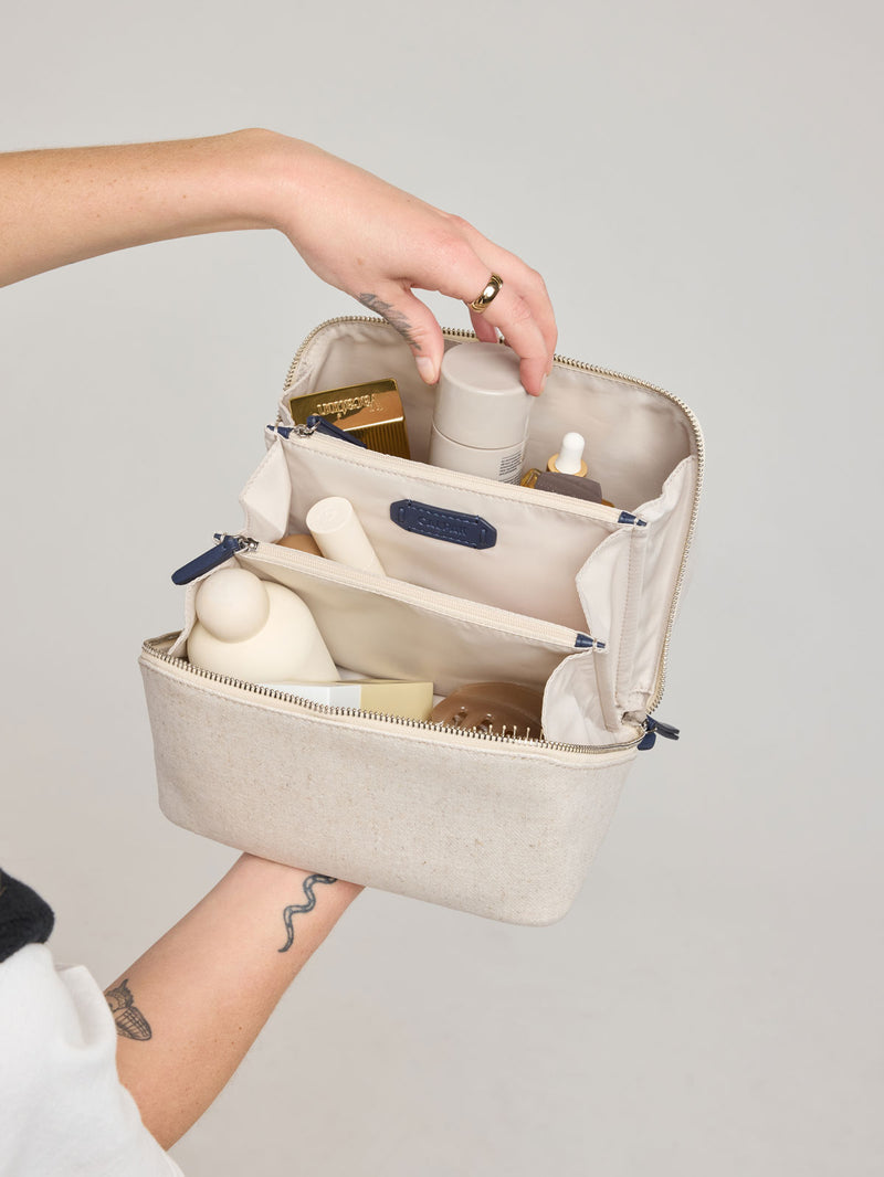 Colette Lay-Flat Canvas Toiletry Bag in Natural Navy