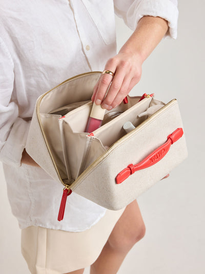CALPAK Colette Lay-Flat Canvas Toiletry Bag in beige material and red finishing; CLTB2601-NATURAL-TOMATO view 2