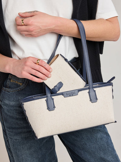 CALPAK Colette Multi Passport Wallet in beige canvas material and blue finishings in Natural Navy; CLPW2601-NATURAL-NAVY view 2