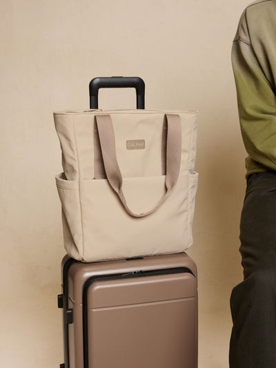 CALPAK Zippered Laptop Tote Bag in beige Greige on a white background; TCN2501-GREIGE view 2