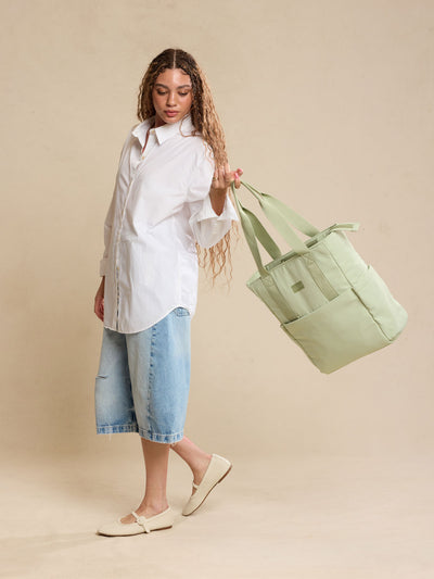 CALPAK Zippered Laptop Tote Bag in light green Meadow on a white background; TCN2501-MEADOW view 2
