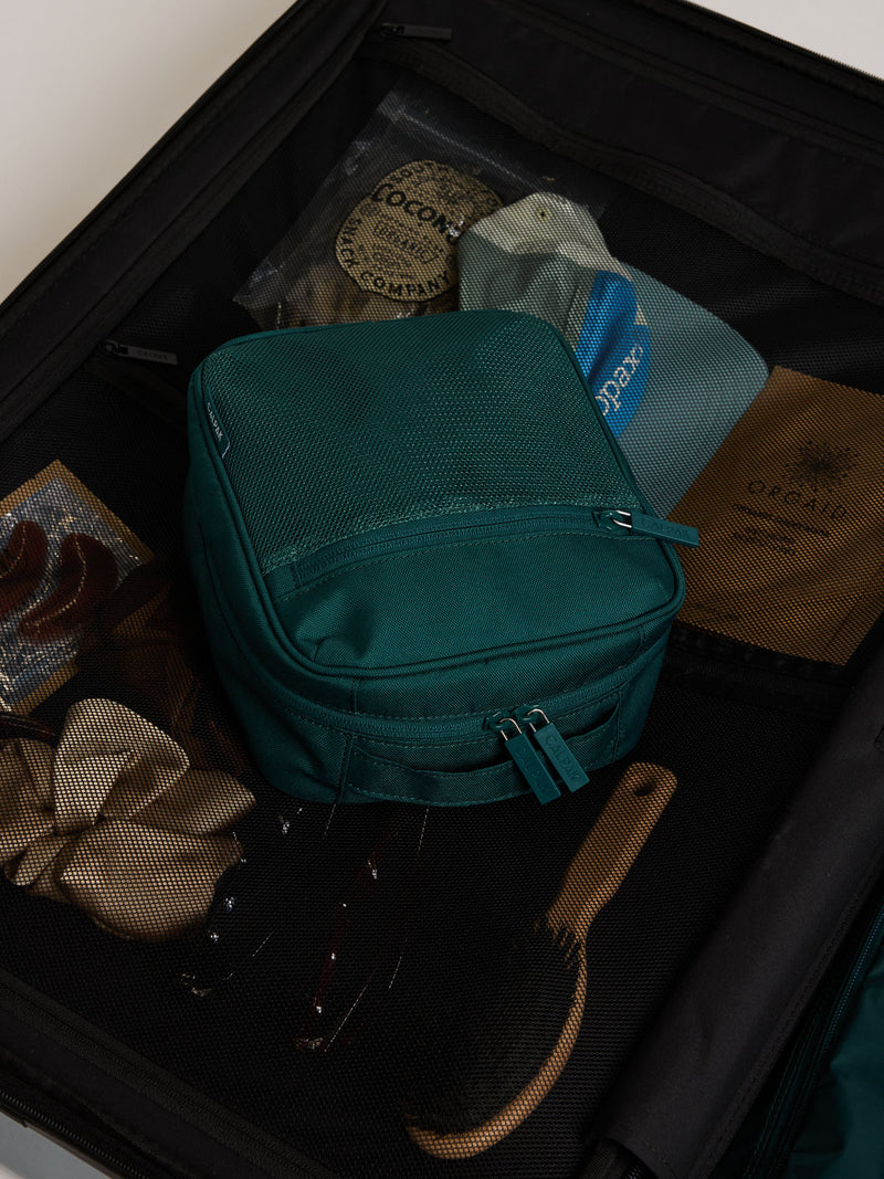 A dark teal green Kale CALPAK Everything Cube organizer  packed inside an open black suitcase, surrounded by travel items including a brown hairbrush, a beige ribbon, and packaged accessories