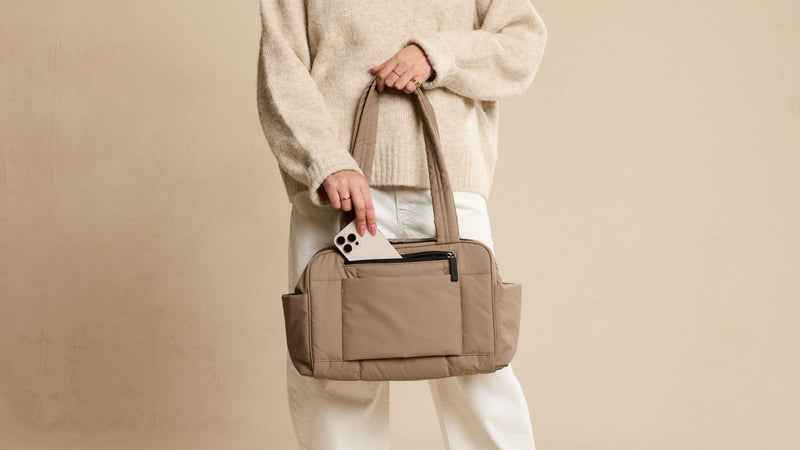 Exterior shot of CALPAK Luka Mini Duffel with cell phone zippered pocket