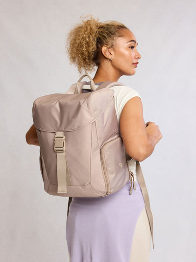 CALPAK Fit Gym Backpack in beige Greige front view with white background; BPF2601-GREIGE view 2