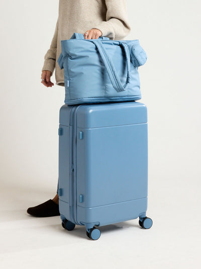 CALPAK Hue Medium Luggage in light blue French Blue and blue and white gingham interior ; LHU1024-FRENCH-BLUE view 2