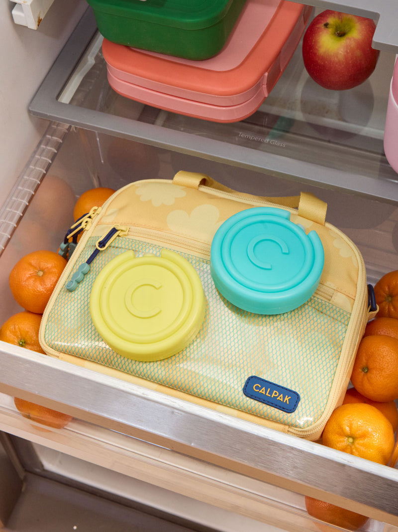 CALPAK circular Ice Packs that comes in a set of 2 in blue and yellow with letter C initial in the middle being placed in fridge; AIP2501-AQUA-YELLOW