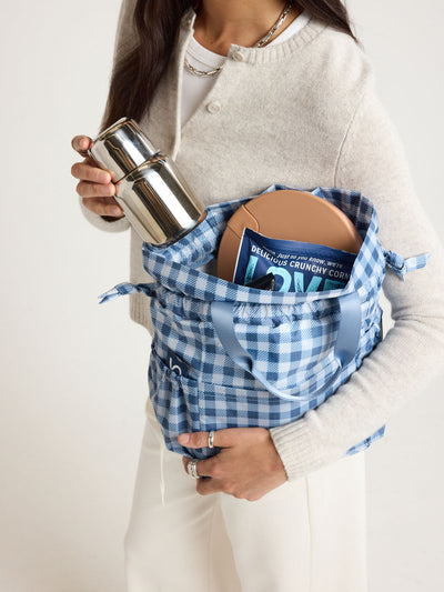 CALPAK Insulated Lunch Bag in light blue checkered in French Blue Gingham; ALB2001-FRENCH-BLUE-GINGHAM view 2