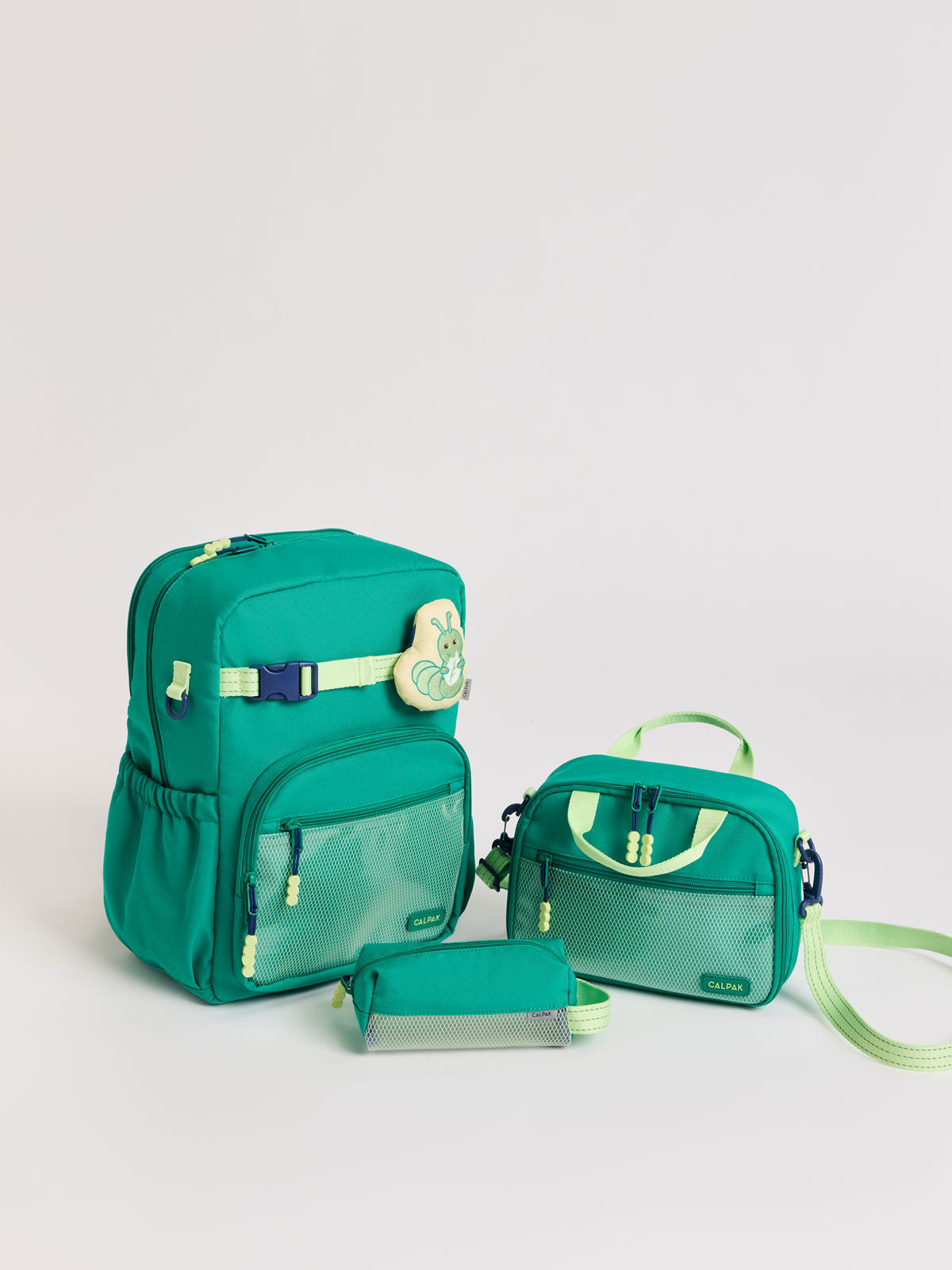 Green CALPAK Kids Large Backpack with lime green accents on a white background; CKBL2501-GREEN
