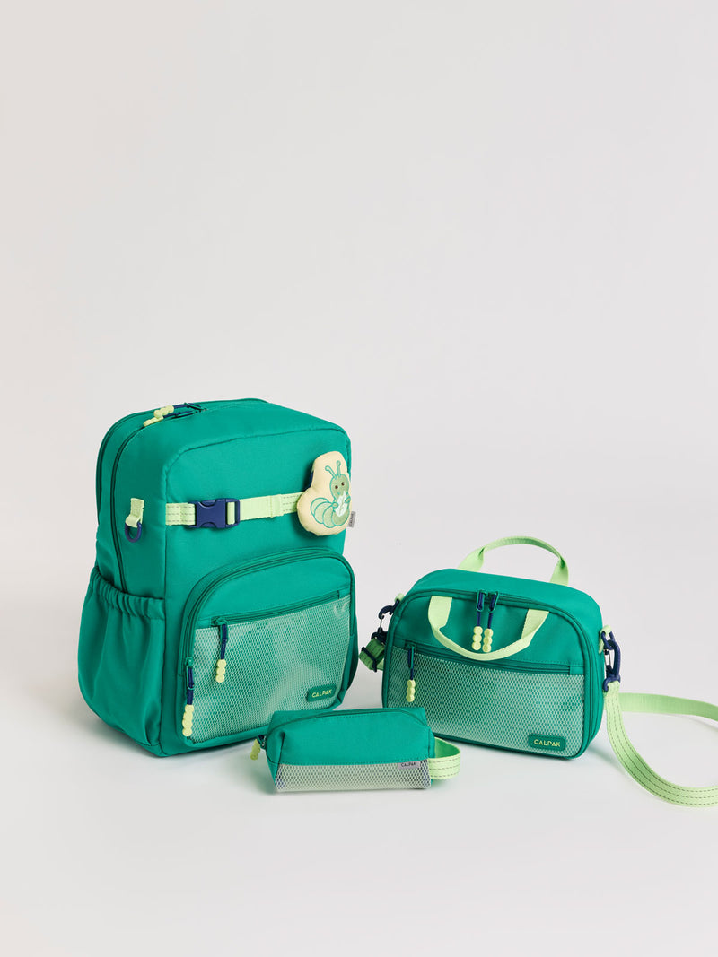 Green CALPAK Kids Large Backpack with lime green accents on a white background