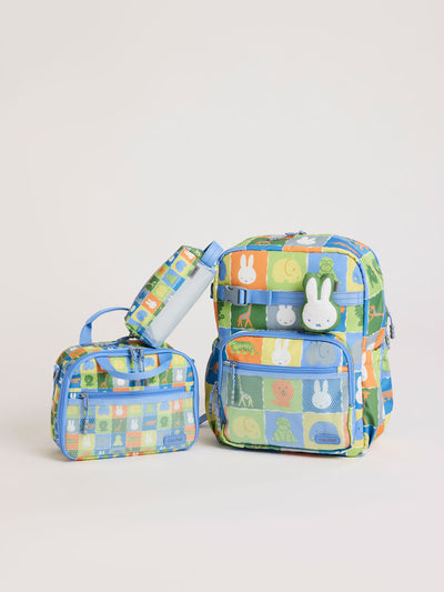 Colorful CALPAK + Miffy Kids Essentials Set with children's Large backpack, lunch bag , pencil case set on a white background with blue accents and Miffy with other animals; BCKL5000-MIFFY-BLUE-ZOO-TRIP view 2