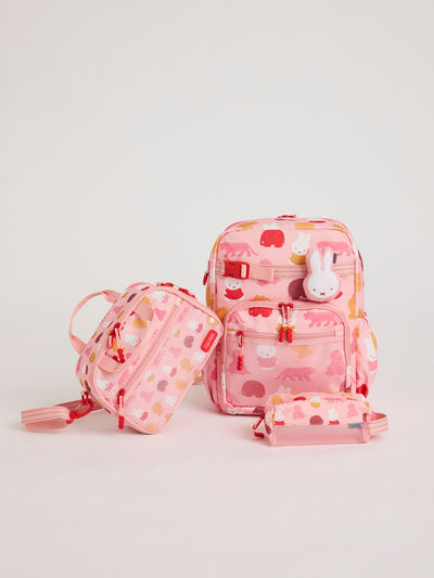 Colorful CALPAK + Miffy Kids Essentials Set with children's Large backpack, lunch bag , pencil case set on a white background with pink accents and Miffy with other animals; BCKL5000-MIFFY-PINK-ZOO-TRIP view 2