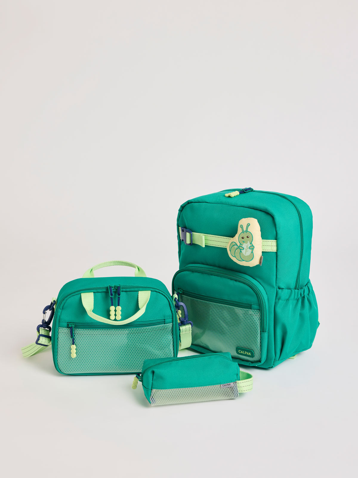 Green CALPAK Kids Medium Backpack Bundle with lime green accents on a white background; CKBM2501-GREEN
