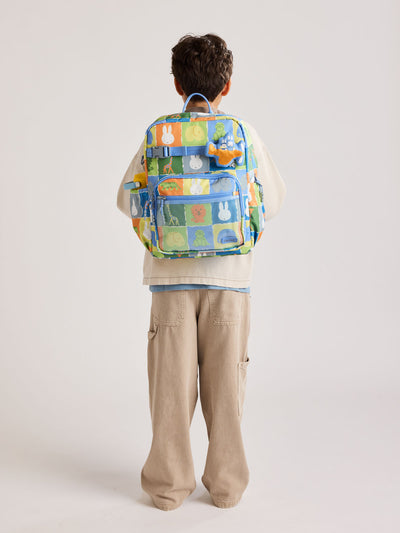 Front view of CALPAK Kids Large Backpack with Miffy and blue colorful animal pattern on a white background; CKBL2501-MIFFY-BLUE-ZOO-TRIP view 2