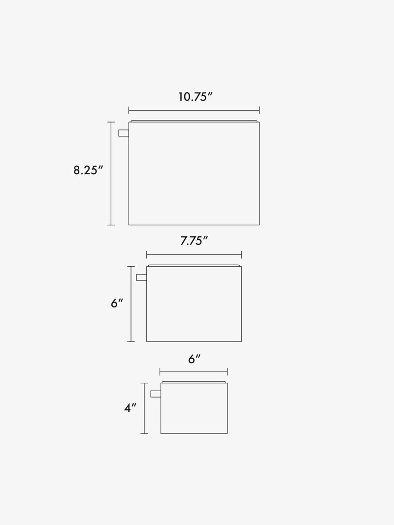 Dimensions of the CALPAK Compakt Zip Pouch Set with measurements in inches;