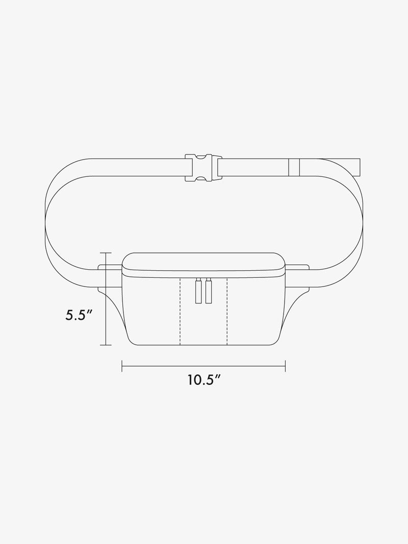 Black line drawing of a belt bag or waist pack with dimension labels showing 10.5 inches width and 5