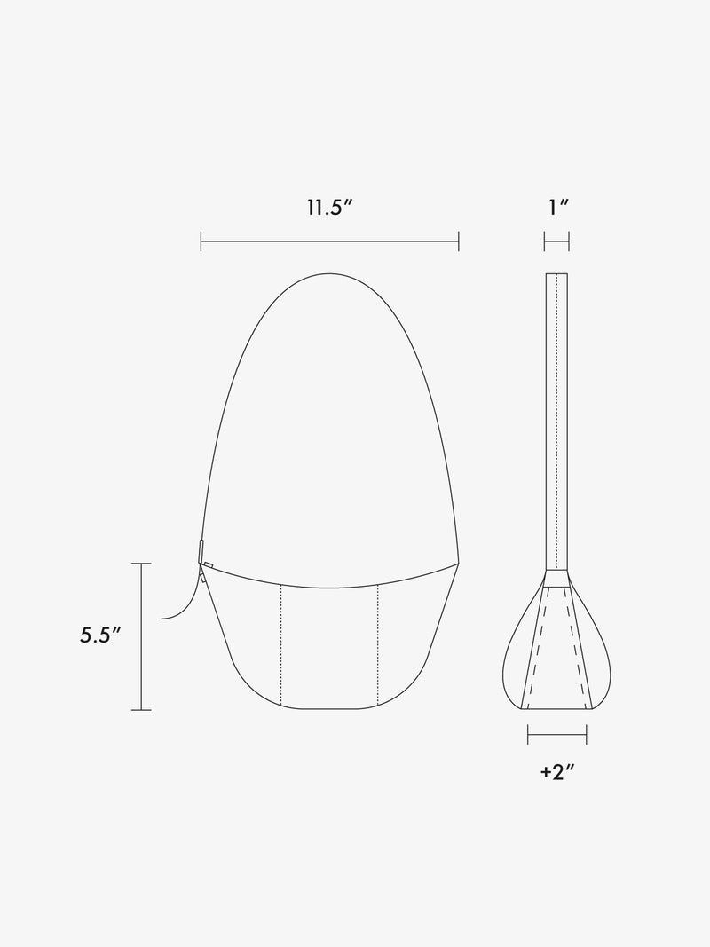 Technical drawing of a creossbody bag with dimensions on a white background