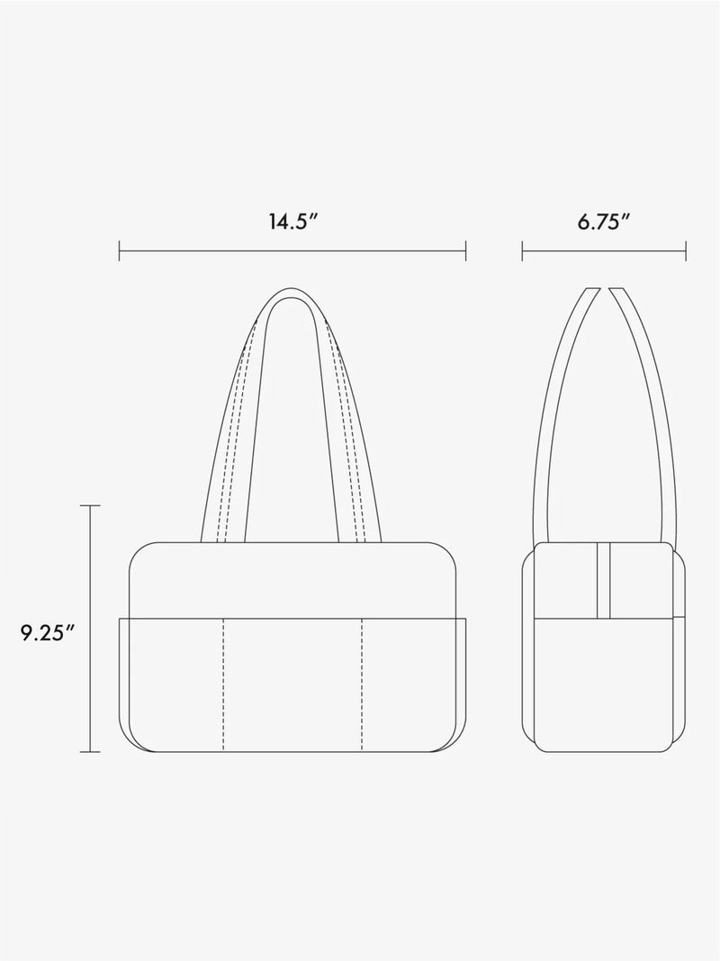 Black and white line art schematic of the Luka Mini Duffel in Vegan Leather showing two views of a handbag with dimension labels: 14.5 inches across the top, 6