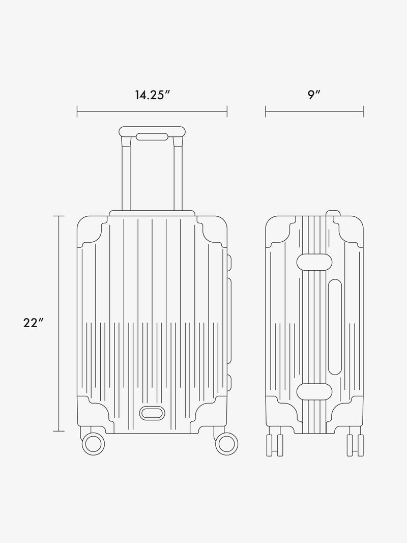 A simple line drawing of the Vault Carry On rolling suitcase shown from the front and side, with dimension labels indicating 22 inches height, 14.25 inches width, and 9 inches depth on a light gray background