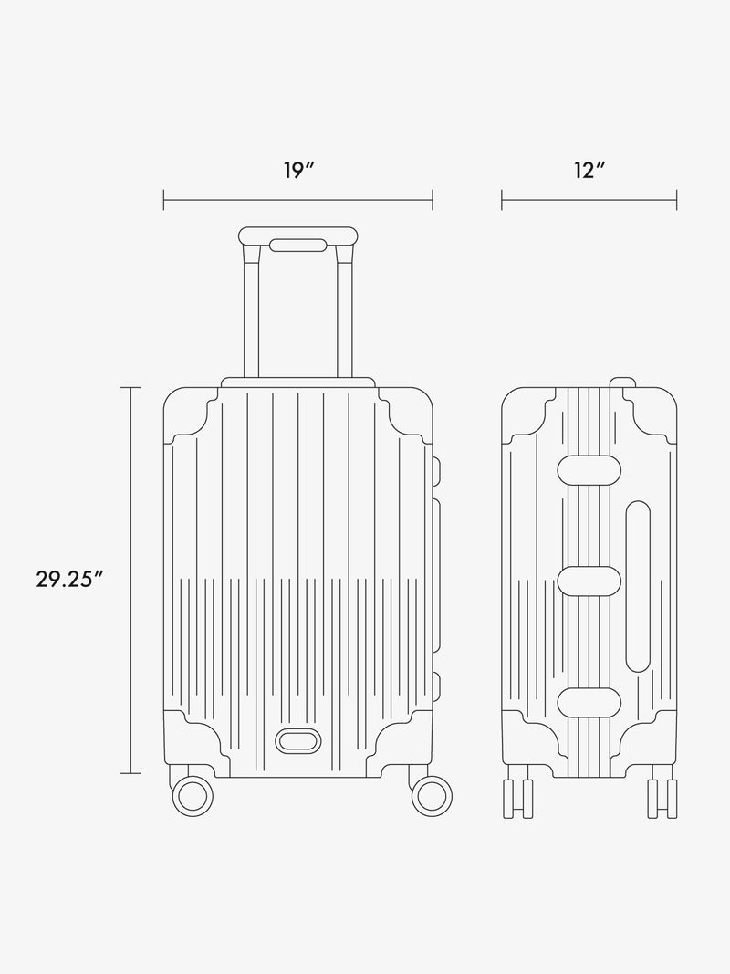 A simple line drawing of a Vault Large Luggage suitcase shown from the front and side, with dimension labels indicating 16.5 inches wide, 10
