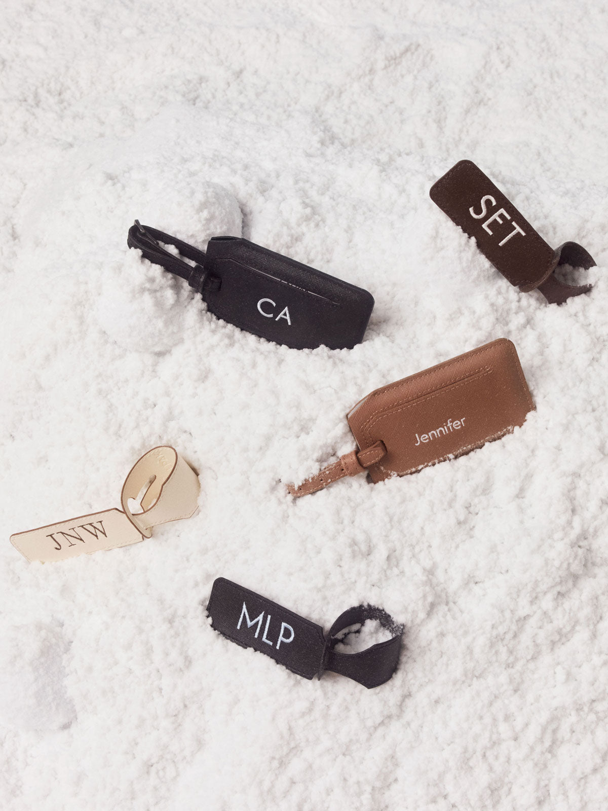 CALPAK Personalized Luggage Tags in beige Buttercream, brown Espresso and Black in the snow; ATG2501-BLACK