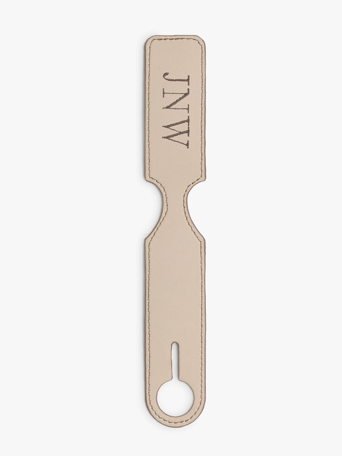 CALPAK Luggage Tag in beige Oatmeal show flat with monogram; ATG2501-OATMEAL