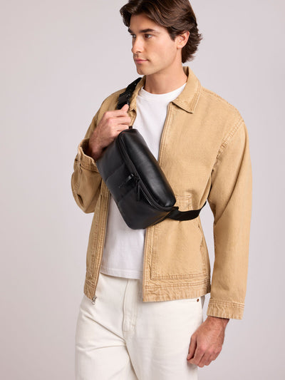 Black vegan leather CALPAK Luka Belt Bag with a zippered front pocket and side straps, shown against a plain white background; BB1901-BLACK-PU view 2