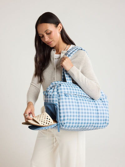 CALPAK Luka Duffel in white and blue gingham print in French Blue Gingham; DSM1901-FRENCH-BLUE-GINGHAM view 2