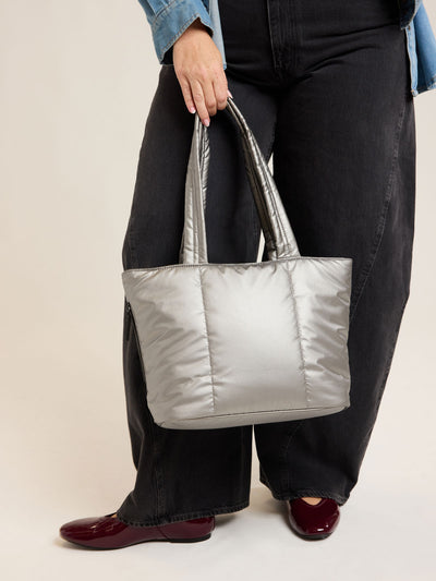 CALPAK Luka Mini Tote in metallic Gumetal grey a white background; ALM2401-GUNMETAL view 2