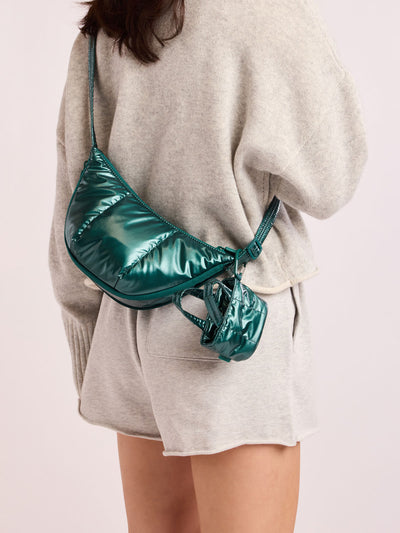 CALPAK Luka Tote Zip Bag Charm in dark green shiny Glazed Kale with clip; AMT2601-GLAZED-KALE view 2