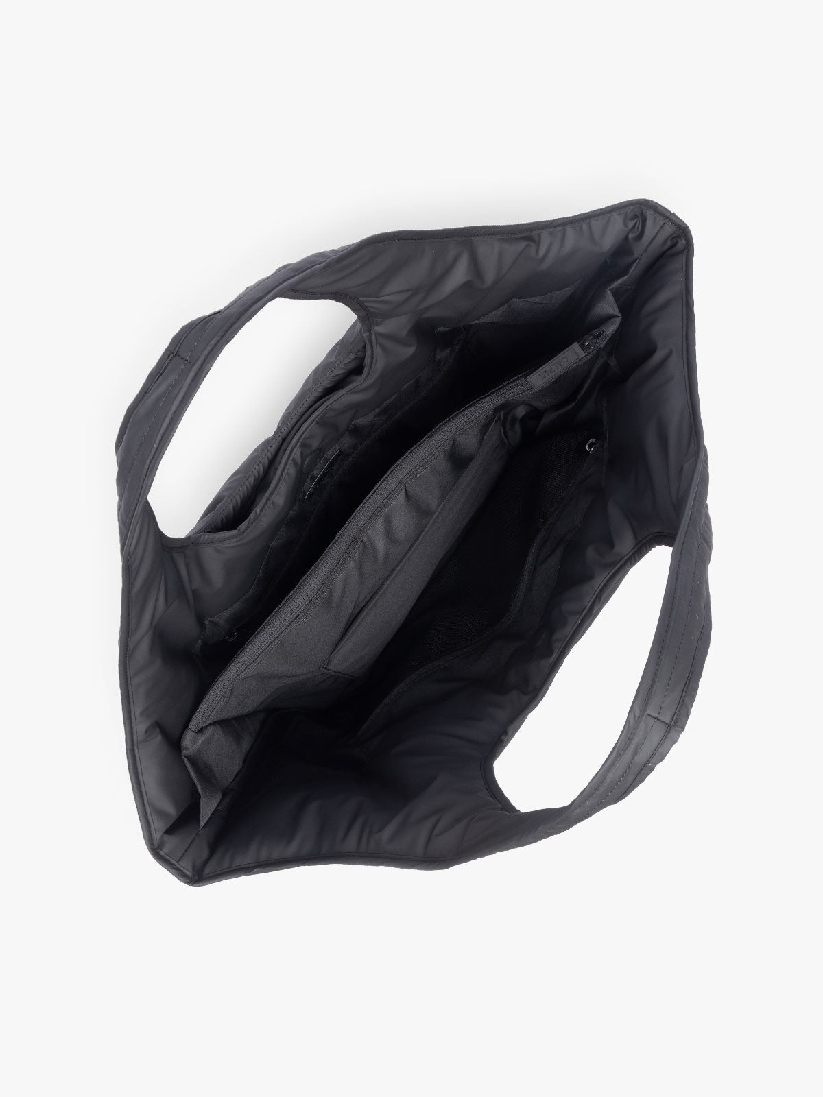 Opened CALPAK Luka Everything Tote in black; AET2601-MATTE-BLACK