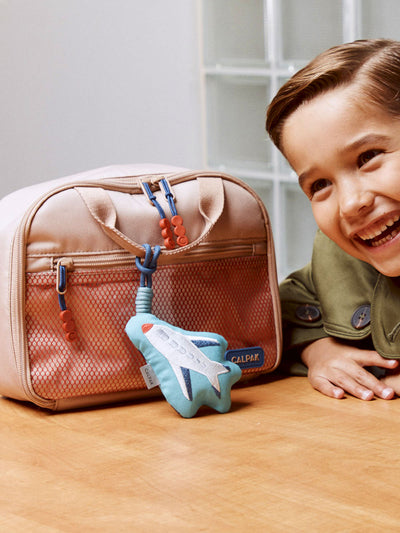 CALPAK Kids Lunch Bag in brown and tan Khaki front view with tan brown zippers and red mesh front pocket, water-proof lining, insulated, multiple interior pockets, and back name tag; CKLB2501-KHAKI  view 2
