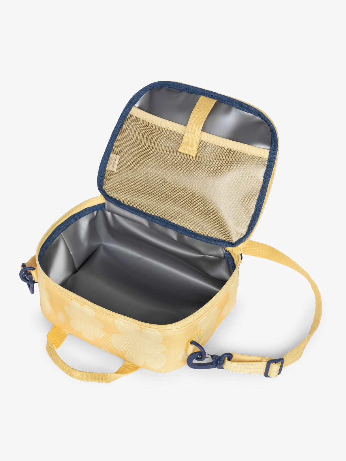 CALPAK Kids Lunch Bag in yellow with tan flower print in Yellow Bloom opened view with water-proof lining, insulated, and mesh pocket; CKLB2501-YELLOW-BLOOM