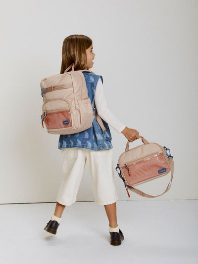 CALPAK Kids Medium Backpack in brown and tan Khaki for ages 5-8 is built for your little one’s big days with dark brown and tan zippers and red mesh front pocket, multiple interior pockets, and padded comfort straps; CKBM2501-KHAKI view 2