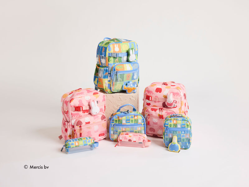Assortment of Miffy Kids Collection backpacks, lunch bags, pencil case and pluffy by CALPAK 
