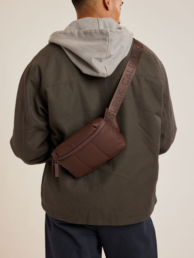 CALPAK Luka Mini Belt Bag in brown Walnut on white background; BBM2201-WALNUT view 2