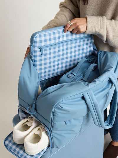 CALPAK Padded Laptop Sleeve 13 in white and blue gingham print in French Blue Gingham; ALP2213-FRENCH-BLUE-GINGHAM, TEST-FRENCH-BLUE-GINGHAM view 2