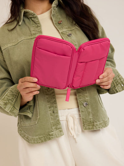 CALPAK Luka Zip Passport Wallet in bright pink Dragonfruit on a white background; PZW2301-DRAGONFRUIT view 2