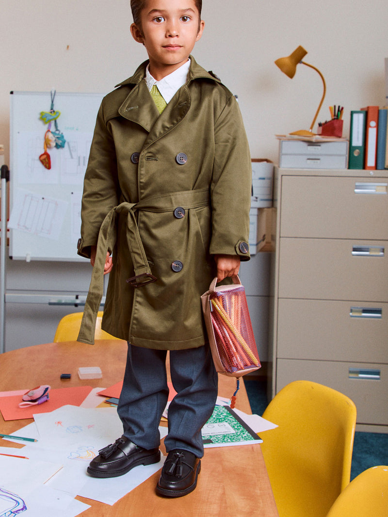 CALPAK Kids Pencil Case in brown and tan Khaki being held by child full of colored pencils