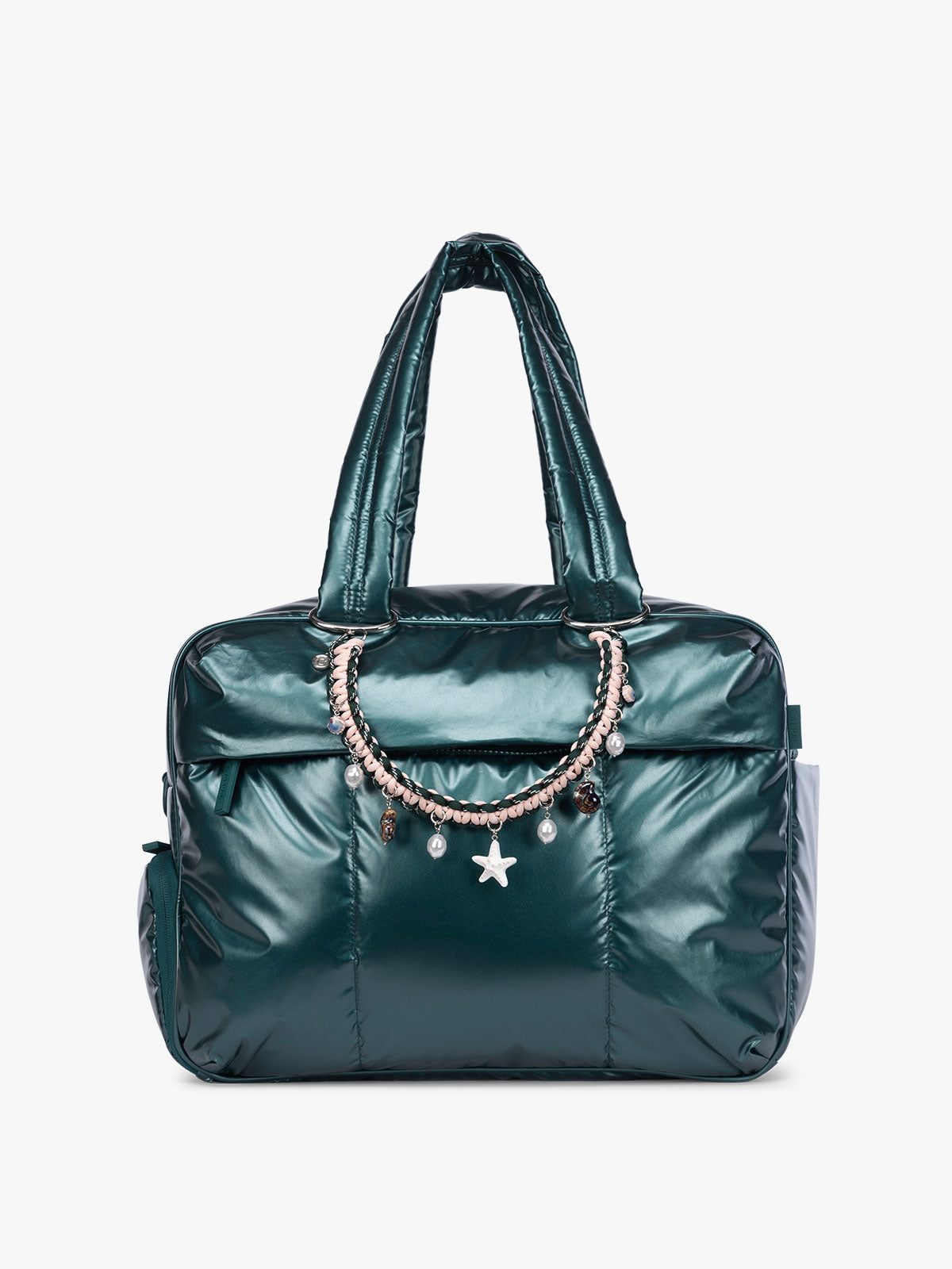 CALPAK Rope Bag charm in green and pink rope with sea life charms on bag; BCR2601-SHELL-LIFE
