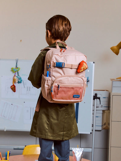 CALPAK Kids Small Backpack in brown and tan Khaki for ages 3-5 is built for your little one’s big days with dark brown and tan zippers and red mesh front pocket, multiple interior pockets for an 11” tablet or laptop, and padded comfort straps; CKBS2501-KHAKI view 2