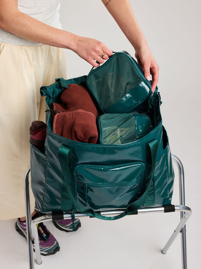 CALPAK Terra 35L Tote Bag with zippers in blue green Kale on a white background; TTO2401-KALE view 2