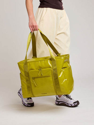 CALPAK Terra 35L Tote Bag with zippers in yellow green Wasabi on a white background; TTO2401-WASABI view 2