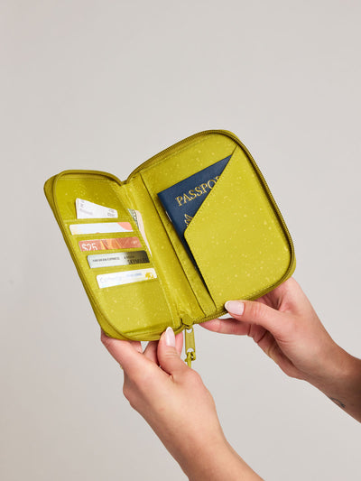  CALPAK Terra Zip Passport Wallet in yellow green Wasabi on a white background; ATPW2501-WASABI view 2